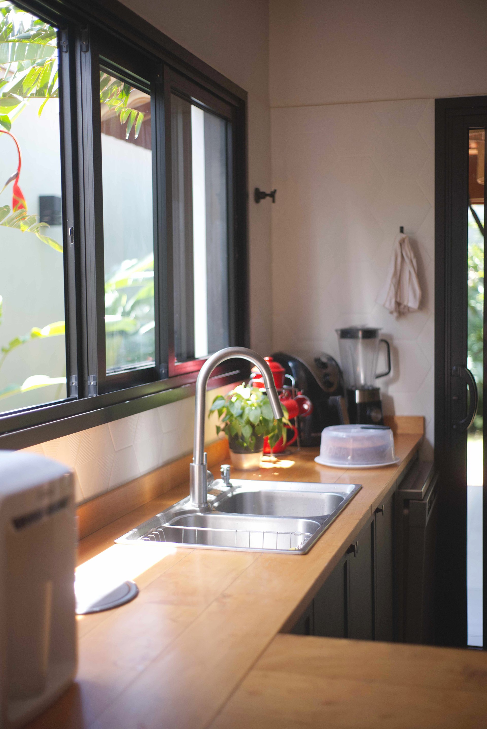 Cozinha com bancada de madeira e vista para o jardim