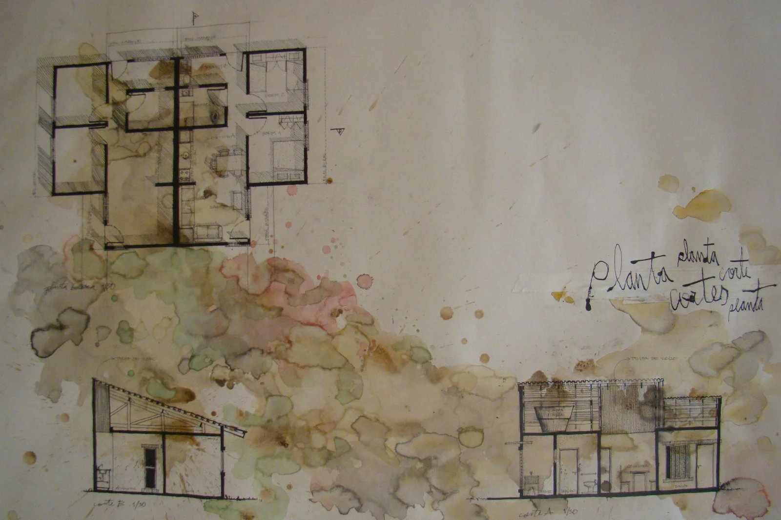 Planta e cortes arquitetônicos, nanquim e aquarela — DOA Estúdio