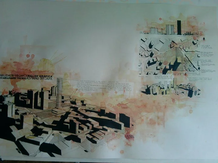 Análise gráfica urbana, nanquim e aquarela — DOA Estúdio