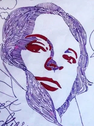 Retrato feminino, caneta esferográfica azul e vermelha — DOA Estúdio