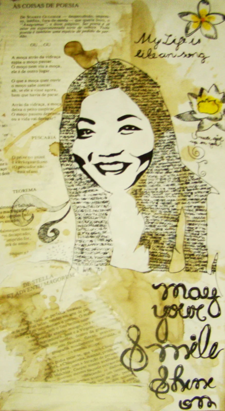 Retrato feminino sobre jornal, nanquim e aquarela — DOA Estúdio