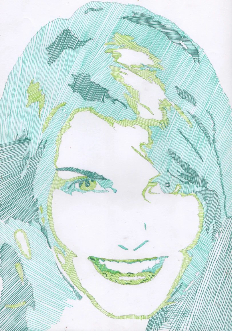 Retrato feminino, caneta esferográfica verde — DOA Estúdio