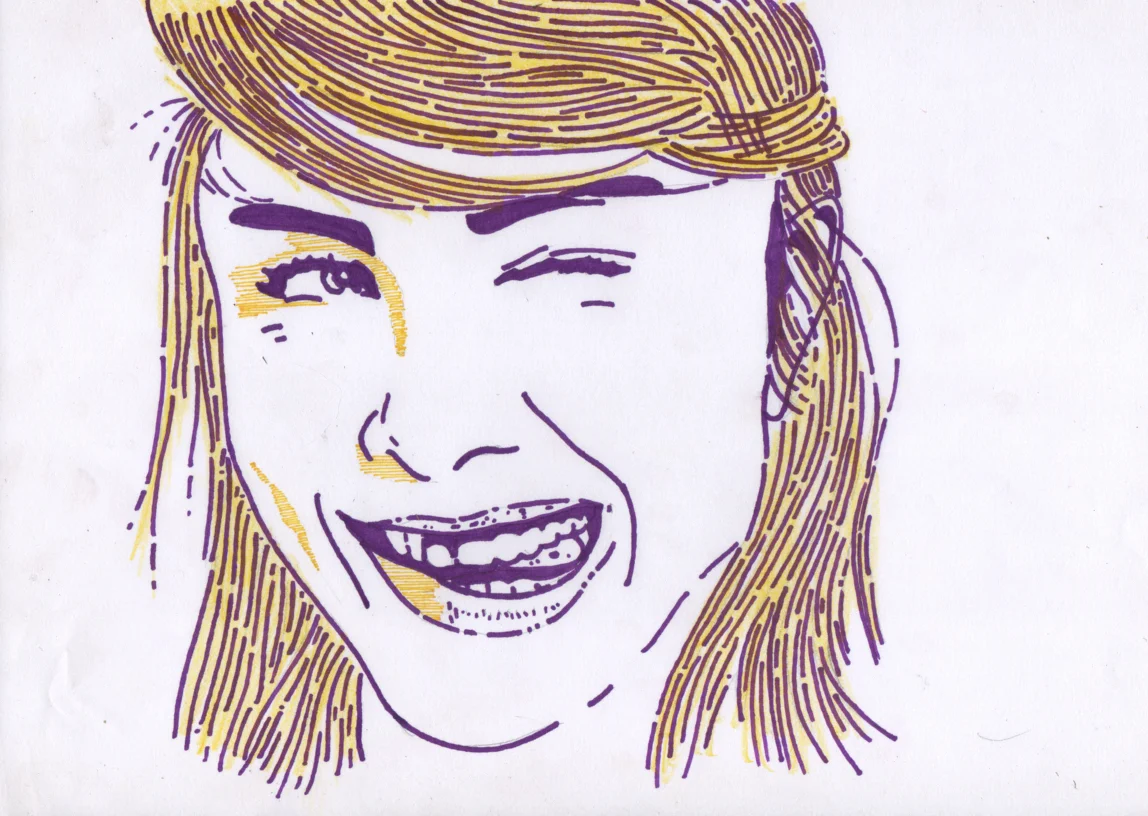 Retrato feminino, caneta esferográfica roxo e amarelo — DOA Estúdio