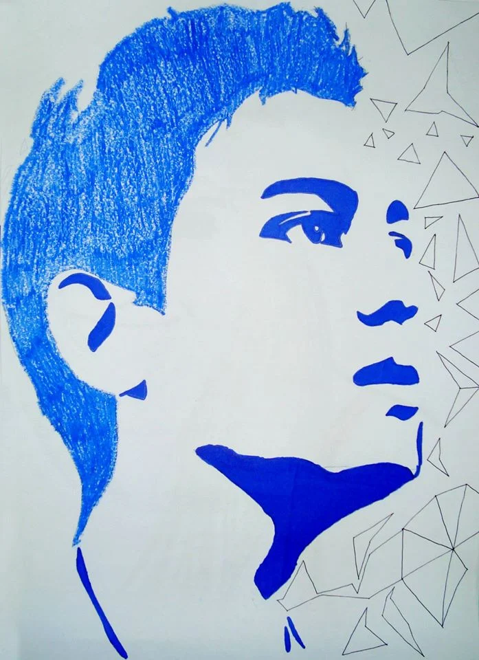 Retrato masculino com geometrias, lápis de cor e caneta — DOA Estúdio