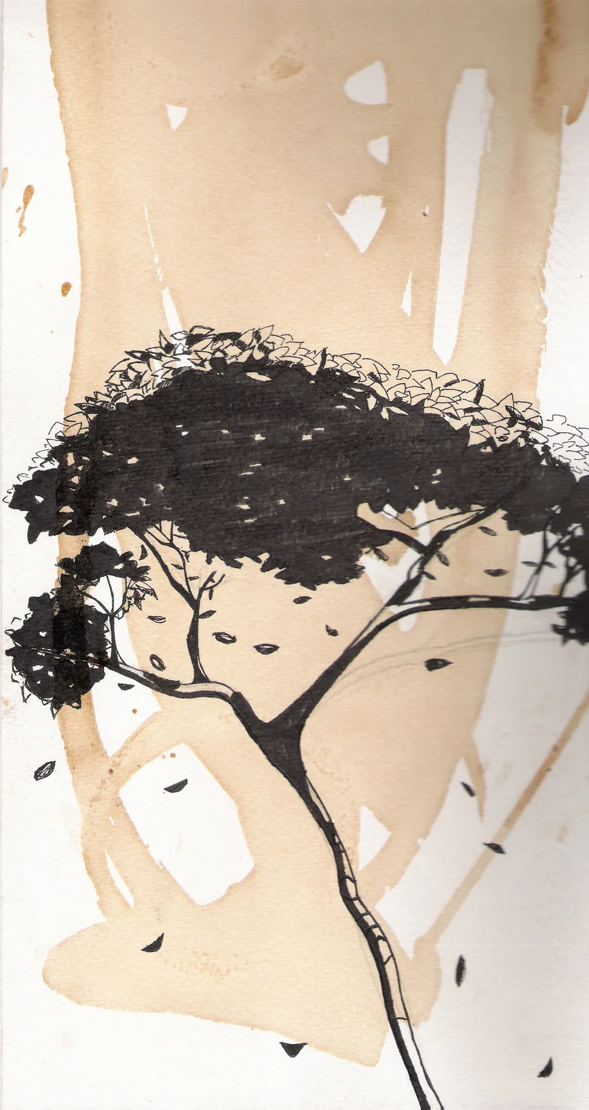 Árvore solitária, nanquim e aquarela com guache — DOA Estúdio
